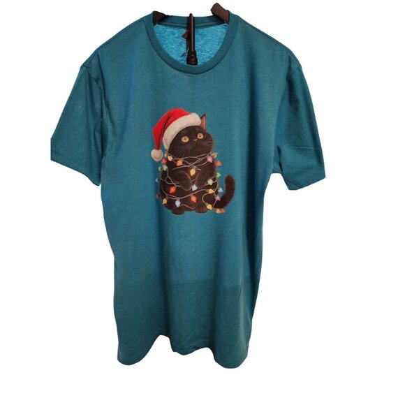Black Cat Christmas Lights T-Shirt – Cute Holiday Kitty Santa Hat Tee – Funny Fe - Picture 6 of 7